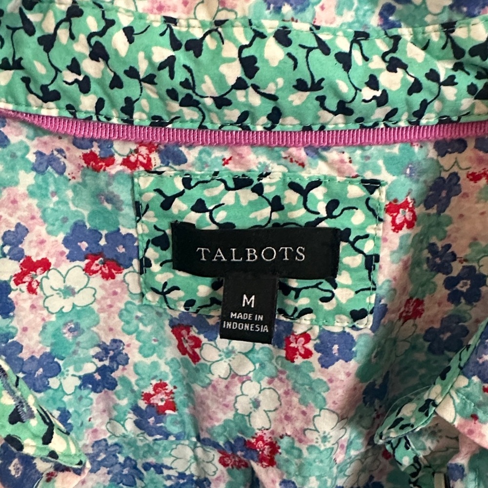 Talbots Aqua Ditsy Floral Button Front Shirt, 100% Cotton, Size Medium - Picture 2 of 8